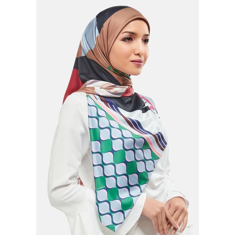 Arissa Aria Hijab Printed Satin Silk Square Scarf in Coffee - ARS-ST11258 (MD2EY)